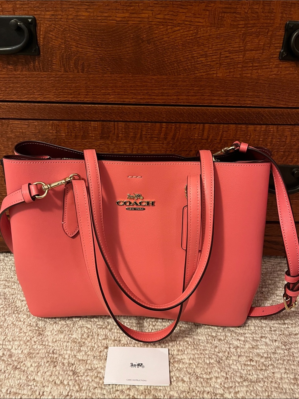 Coach Coral-Pink Leather Tote with Gold Hardware